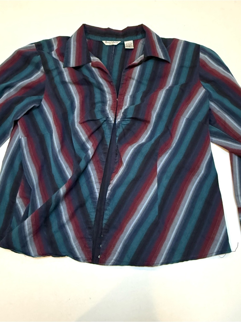 Vintage Striped Button-Front Blouse in Teal & Burgundy